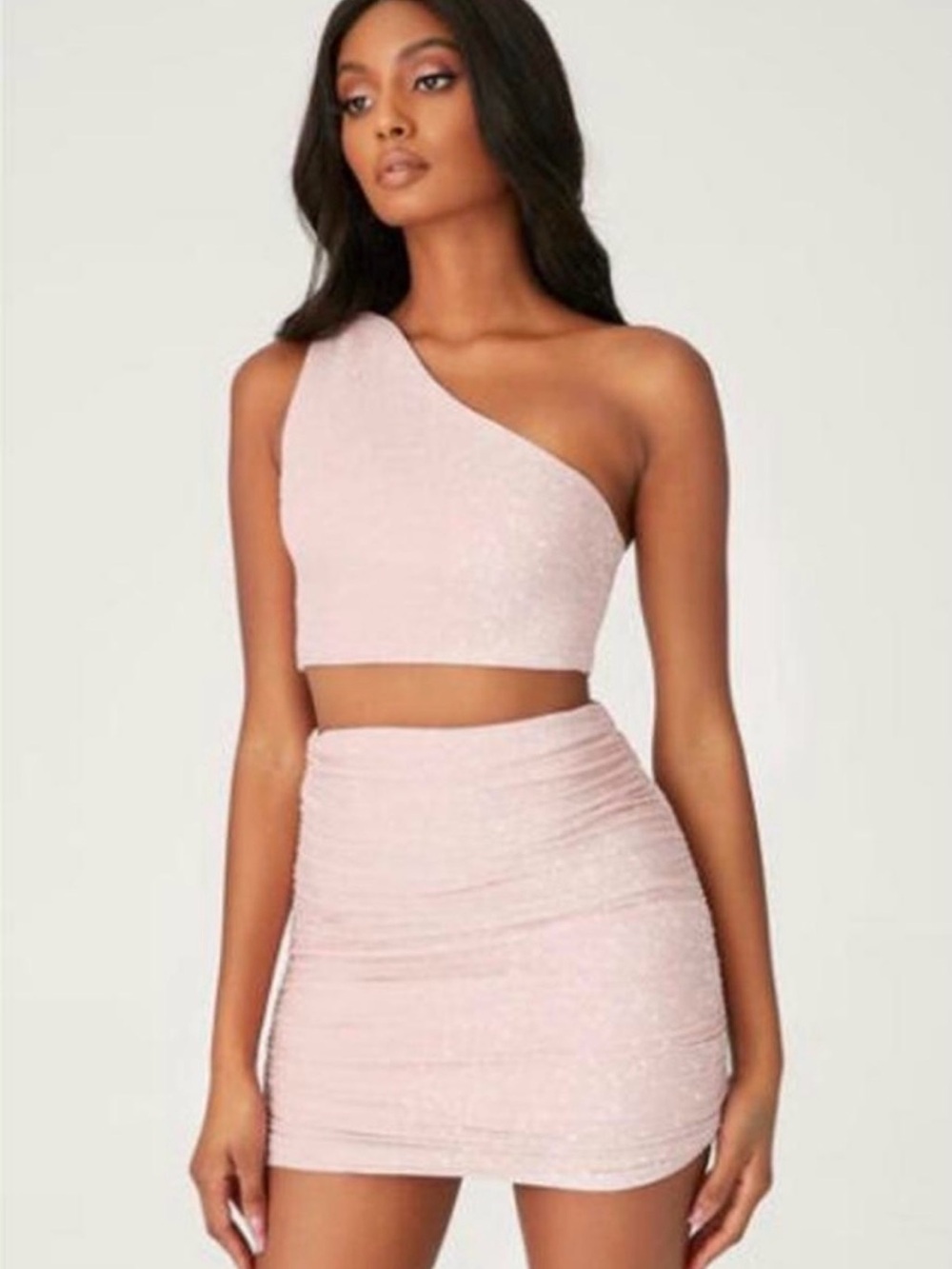 MESHKI Set Womens Pink Glitter One Shoulder Crop Top Ruched Mini Skirt Size S